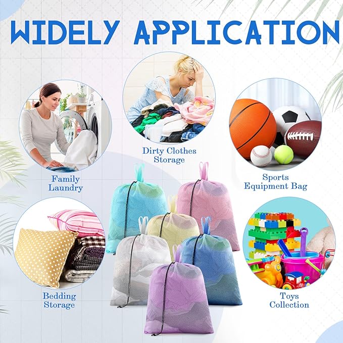 6 Pack 20 x 17 Inches Colorful Soft Mesh Laundry Bag with Handles Machine Washable Secure Drawstring Closure Large Sturdy Mesh Net Laundry for College Travel Dorm Laundromat