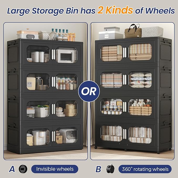 200Gal Extra Large Stackable Storage Bins with Lid & Wheels & Doors, 200QT/50GAL 4-Tiers Collapsible Closet Organizers Plastic Containers Drawers Boxes for Home Kitchen Bedroom, Black