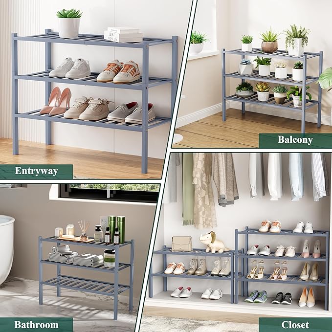 Smiry Shoe Rack, 6 Tier Long Bamboo Shoe Organizer, Stackable Free Standing Wooden Shoe Storage Shelf for Closet, Entryway, Front Door Entrance, Grey