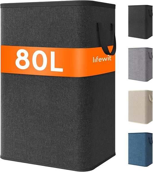 Lifewit 80L Large Tall Laundry Hamper, Collapsible Laundry Basket with Handles, Foldable Clothes Hampers for Laundry, Portable Dirty Clothes Hamper for Dorm College Bedroom Bathroom, Black