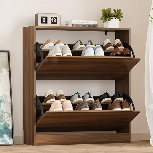 BORNOON Shoe Cabinet with 2 Flip Drawers, Slim Narrow Shoe Storage Cabinet, Freestanding Shoe Organizer with Adjustable & Removable Shelves, Top Display Shelf for Entryway, Hallway, Foyer, Closet