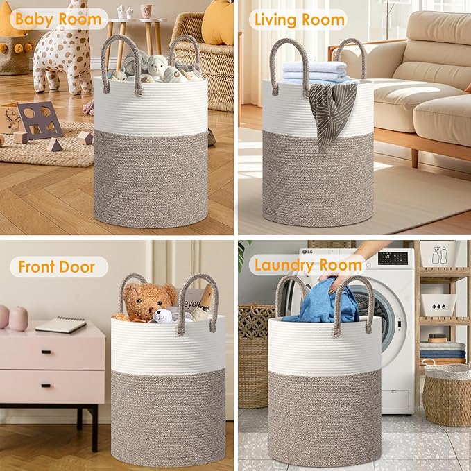 Cotton Rope Laundry Basket, 60L Large Collapsible Storage Hamper with Handles, Sturdy Woven Basket for Blankets, Toys, Clothes, Decorative Tall Nursery Organizer for Living Room Bedroom,Beige