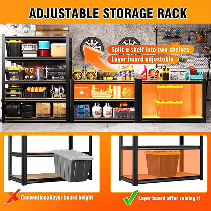 71.2''H Storage Shelves, 2000lbs Garage Shelving,Adjustable Heavy Duty Shelving Unit,5T Tall Garage Shelves，Wood Metal Standing Shelf Units,Utility Rack for Kitchen 71.2''H*27.5''W*11.8''D