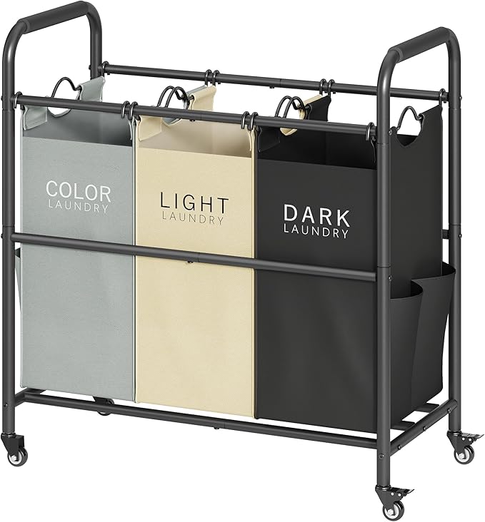 Tajsoon 3 Bag Laundry Sorter Cart, Laundry Hamper Sorter Basket with Heavy Duty Lockable Rolling Wheels for Clothes Storage, 3 Colors