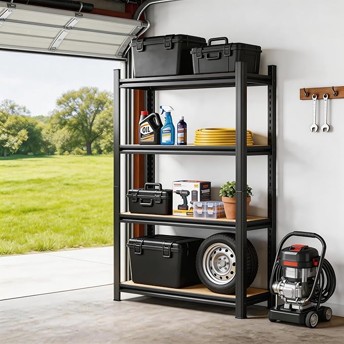 Garage Shelving Unit, Heavy Duty Adjustable Storage Shelves, Metal & Wood Pantry Shelf Organizer, 2000 lbs Capacity Shelves for Heavy Tools and Equipment, 4Tier-23.6" Wx x11.8 Dx x45.7 H