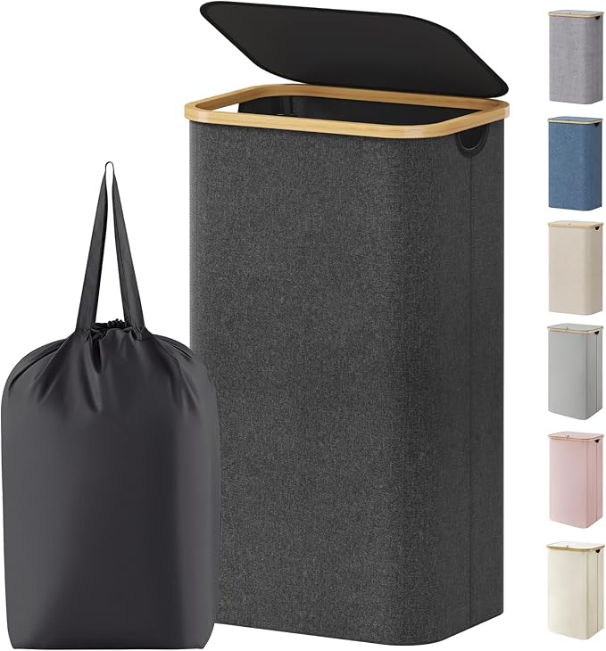 Lifewit 100L Laundry Basket with Lid, Clothes Hampers for Laundry with Bamboo Handles and 1 Removable Bag, Large Foldable Laundry Hamper for Bedroom, Bathroom, Dorm, Laundry Room, Dark Gray
