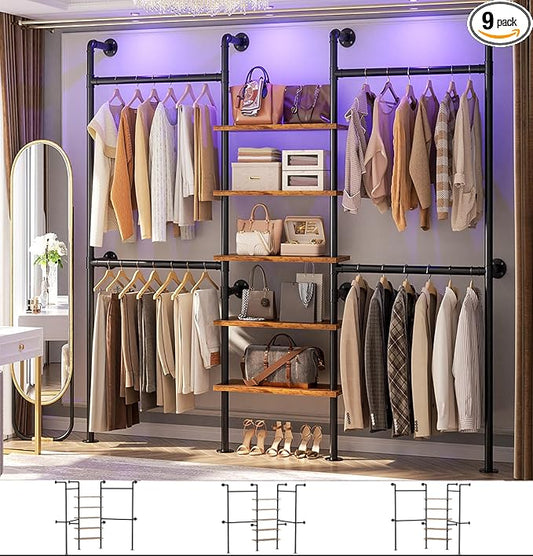 Aheaplus Industrial Pipe Clothing Rack, Reversible 6.42FT Clothes Rack for Hanging Clothes, Heavy Duty 5-Tier Closet Wardrobe Garment Racks with Shelves, Corner Closet Organizer System, Rustic Brown