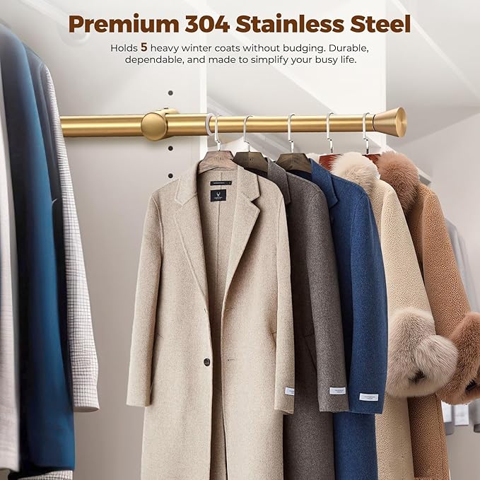 12" Pull-Out Valet Rod for Closet Organization, Add Extra Hanging Space 304 Stainless Steel Closet Rods, Space-Saving Design for Small Closets, Golden