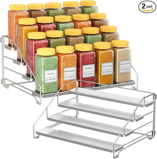 RCHYFEED 2 Pack 4 Tier Adjustable Spice Rack Organizer, Foldable Chrome Vertical Spice Organizer for Cabinet & Countertop, Space Saving Storage Shelf for Kitchen Pantry Bathroom