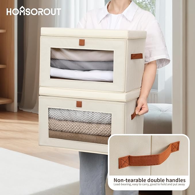 Homsorout Large Storage Bins with Lids - Fabric Collapsible Closet Storage Organizer with Window & Handles, Stackable Decorative Storage Boxes for Clothes, Blankets, Sweaters, 6 Pack, Beige
