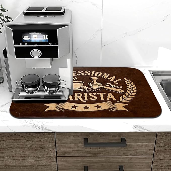 Vintage Coffee Drying Mat 12" x 19", Non-Slip Absorbent Quick-Dry Mat, Rustic Coffee Bar Decor and Countertop Protector