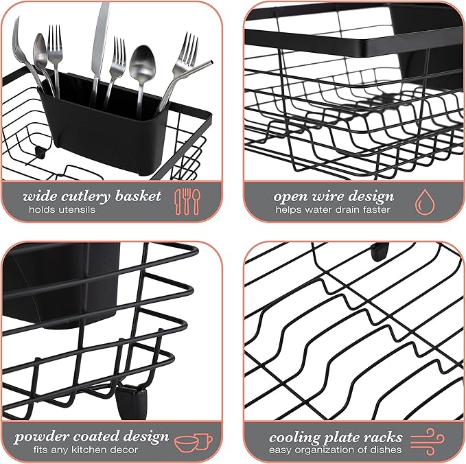 Kitchen Details Flat Wire Countertop or Over The Sink Dish Drying Rack with Cutlery Basket | Holds up 10 Dishes | Mugs | Kitchen Accessories | Black