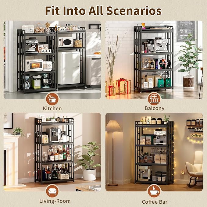 METYERRY Adjustable 4-Tier Heavy Duty Kitchen Baker's Rack with Power Outlet, with Industrial Wheels, Free Standing Microwave Oven Cart Stand for Storage, Garage, Mini Fridge Stand, Black