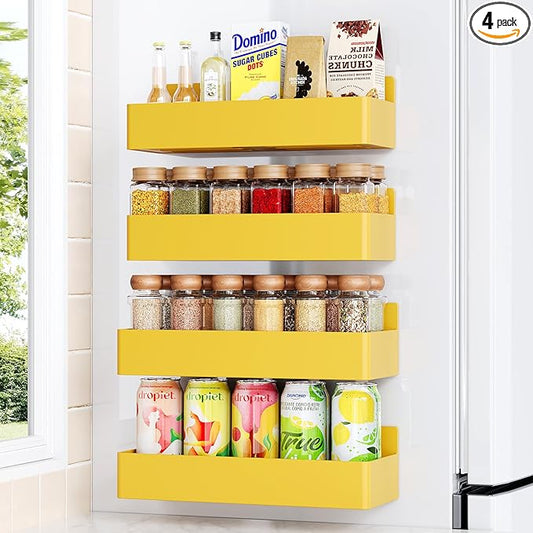Mystozer Magnetic Spice Rack for Refrigerator, Kitchen Organizer and Storage Shelf, Yellow(4 Pack)…