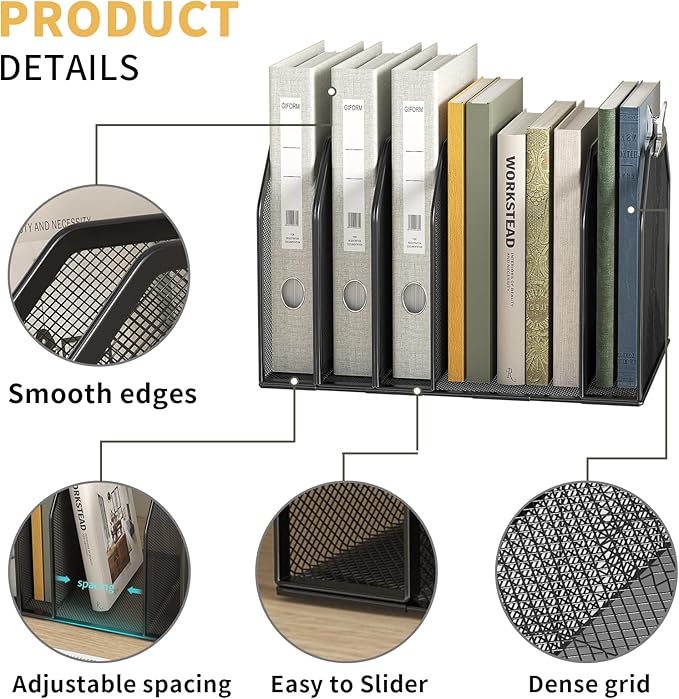 FANXIYQ Metal 7-Section File Folder Organizer for Desk | Vertical Office File Holder | Heavy-Duty Mesh Document Sorter for Books, Binders, Laptops | Black Desk Organizer (12.8”x8.5”x7.9”)