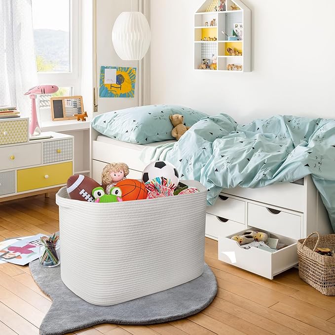 MEGASKET 108L Extra Large Storage Basket, 25" x 16" x 16" White Blanket Basket Living Room, Oversized Cotton Rope Blanket Storage, Woven Kids Dog Toy Bin Box Organizer, Laundry Shoes Towel Bin, White