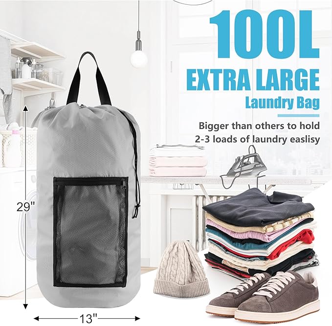 Olosar Laundry Bag Backpack, 2PCS Extra Large Travel Laundry Bag with Mesh Pocket & Adjustable Shoulder Straps,Dirty Clothes Travel Bag for College Students Dorm,Apartment(Light Gray)
