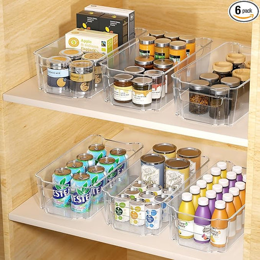 Clear Fridge Organizer, Refrigerator Organizer Bins with Handle, Freezer, Kitchen Cabinet, Pantry Organization, BPA Free Fridge Organizers (12.4 inch 6 Pack)