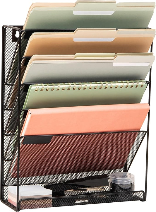 Mind Reader 5-Pocket Vertical File Storage, Desktop Organizer, Wall Mount, Office, Metal Mesh, Black