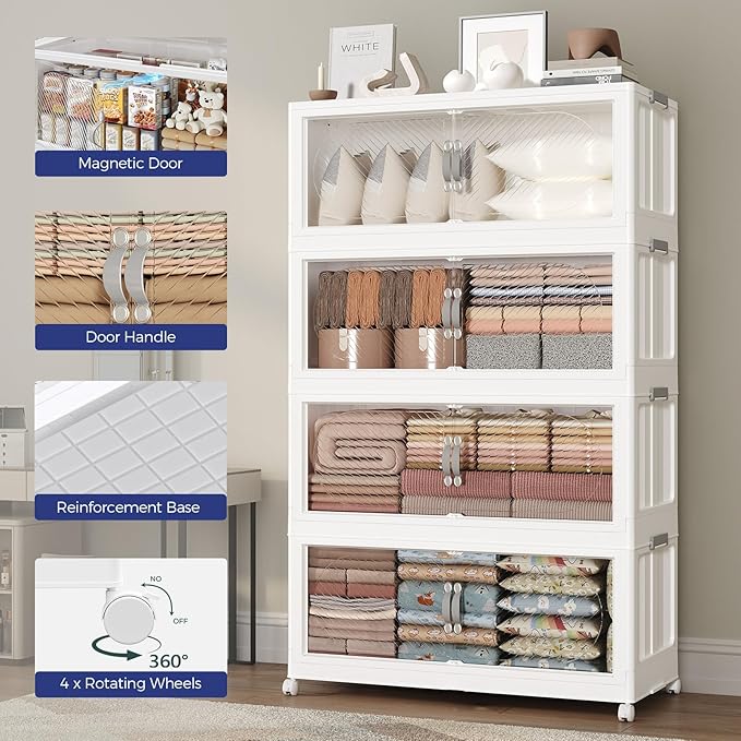 75Gal/300QT 5-Tiers Extra Large Stackable Storage Bins with Lid, Collapsible Cabinet Closet Organizer Plastic Container Box with Wheels Doors Drawers for Office Dorm Kitchen, White