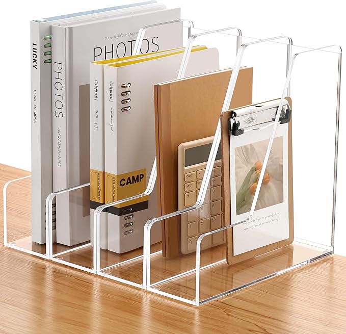 SANRUI 4 Pack Vertical File Holder, Acrylic Desk Organizer Magazine File Sorter for Magazines, Binders, Notebooks, Envelopes, Multi-Purpose Clear Document Organizer Rack