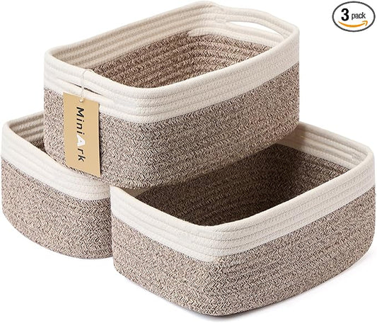 MiniArk Small Storage Baskets for Organizing | Closet Organizer Bins | Shelf Toy Basket | Woven Rope Baskets | Cube Decorative Box | Shallow Basket | 13x8.5x5.1” | 3 Packs White Brown