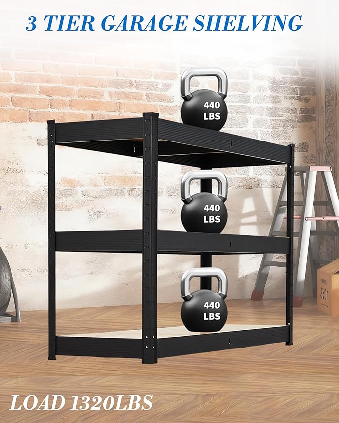 Garvee Garage Storage Shelves,48x18x36 Garage Shelving Heavy Duty Metal Adjustable Garage Shelves,3-Tier Adjustable Shelving Units,Loads 1500 LBS,Metal Storage Utility Racks for Warehouse