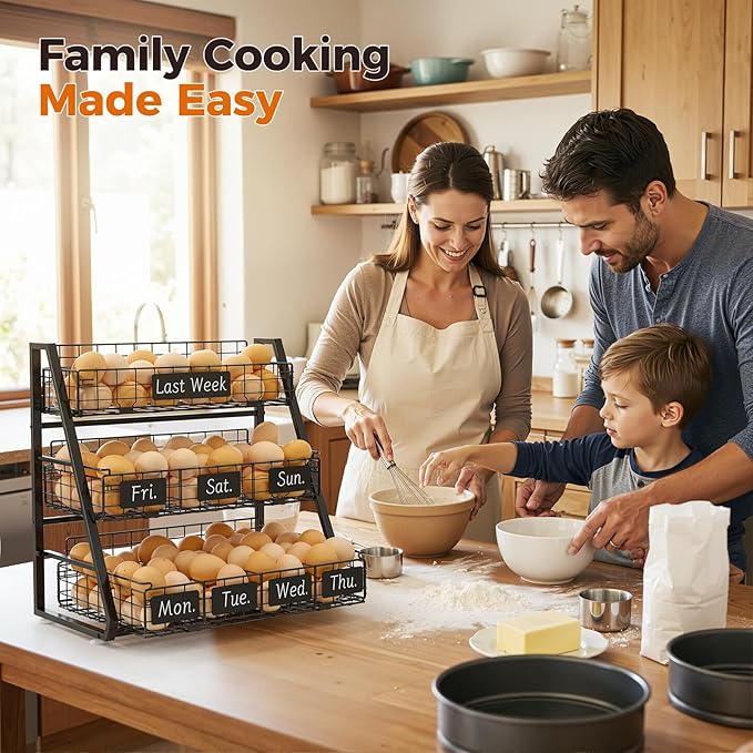 Sevenblue Upgraded Egg Holder Countertop with Removable 5 Dividers & Date Plate, 3 Tier Pull Out Large Egg Basket for Gathering Fresh Eggs, Kitchen Organizer, The Size - 16.7“x16.6”x11.3"