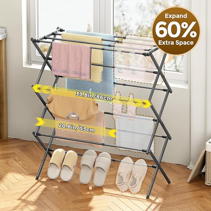 KINGBOARD Clothes Drying Rack, Collapsible Drying Rack Clothing with 11 Poles, 3-Tier Laundry Drying Rack, Small Clothes Drying Rack Foldable for Baby Clothes Sock Towel, 25lb Capacity, Grey