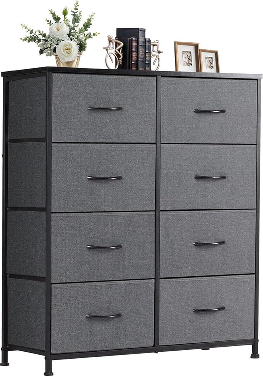 DUMOS 8 Drawer Dresser for Bedroom, Fabric Storage Organizer with Sturdy Metal Frame, Wooden Top Chest of Drawers for Closet Entryway Guest Room, Grey