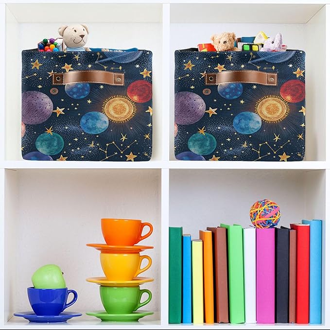 xigua Cartoon Planets Storage Basket Collapsible Storage Bins Waterproof Canvas Storage Basket with Leather Handles for Home Closets Offices,Bedrooms,Gift Baskets,2PCS
