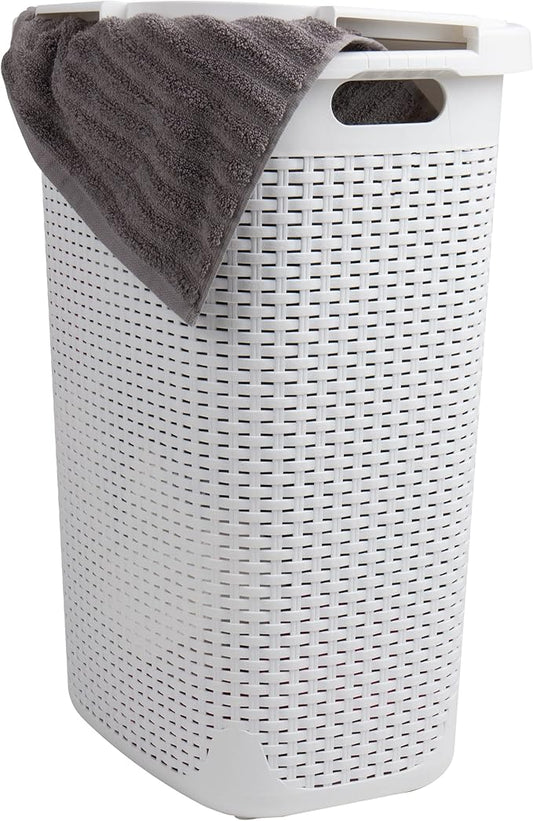 Mind Reader Slim Laundry Hamper with Lid, 60L Tall Clothes Basket, Narrow Tapered Design for Bathrooms, Closets and Laundry Rooms, Plastic, White