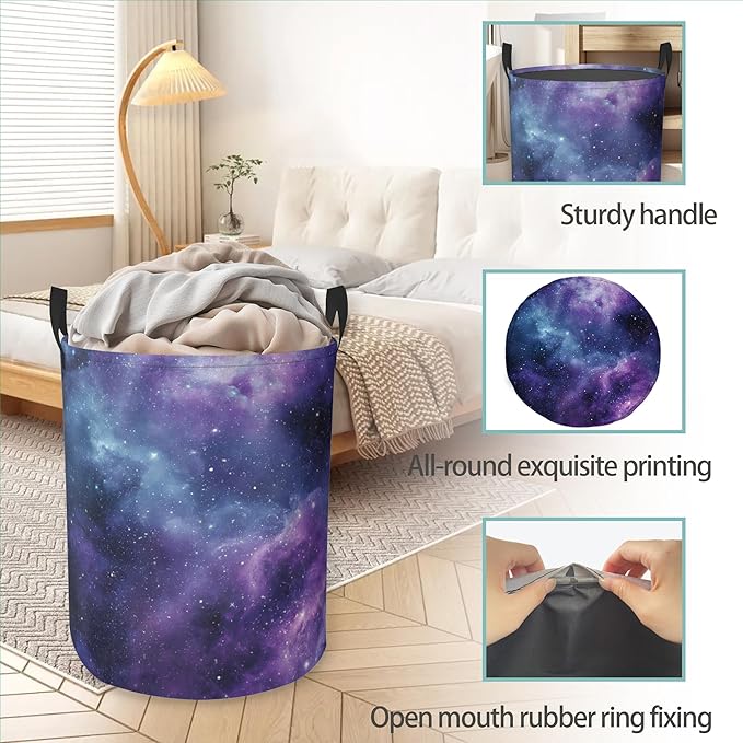 Purple Starry Sky Round Laundry Basket Collapsible Laundry Hamper with Handles Toys Clothes Organizer Bin For Home Bathroom Bedroom Dorm Nursery