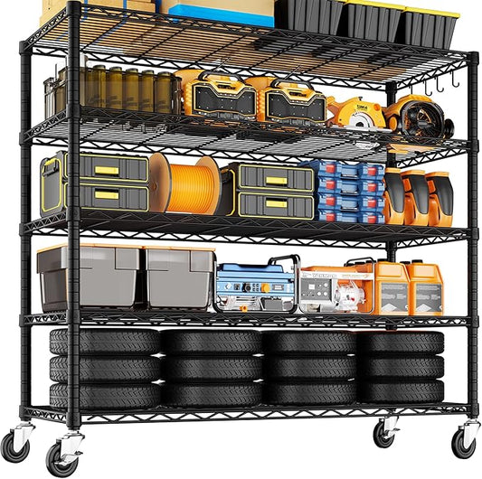 PrimeZone 48" W x 24" D x 81" H Heavy Duty Wire Storage Shelves with Wheels, 5 Tier Adjustable NSF Certified Garage Shelving Unit, Rolling Metal Organizer Shelf Utility Rack for Warehouse, Restaurant