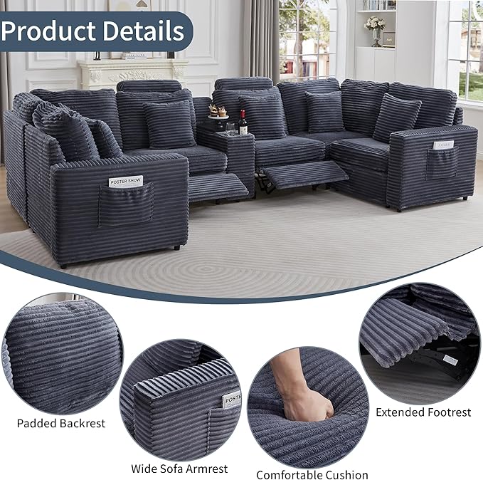 LEVNARY 6-Seat U Shaped Modular Sectional Sofa with Power Recliners, Faux Rabbit Fur Upholstery, Storage Console with Charging Ports & Cup Holders, Living Room Couch Set for Home Office (Gray)