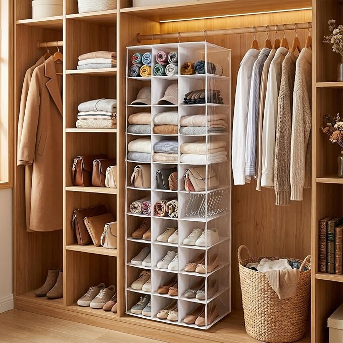 coastal rose Hanging Shoe Closet Organizer, 30 Sections Hanging Closet Organizers and Storage Shelves with 6 Mesh Pockets, Space Saving Shoe Rack Holder Hanger, White