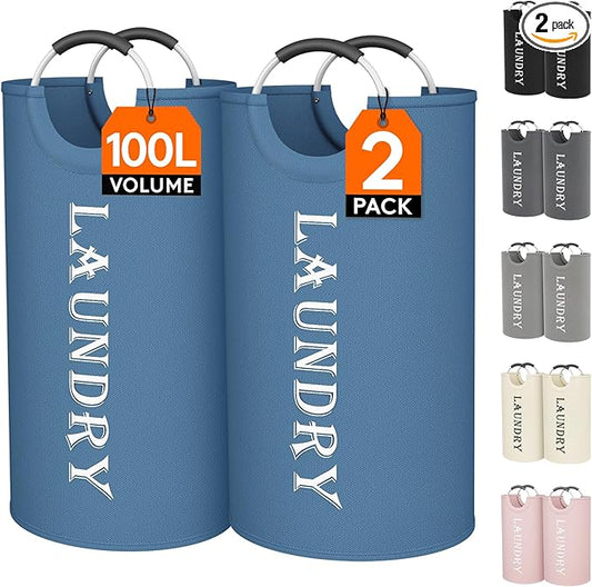 Lifewit 100L 2-Pack Large Laundry Basket, Collapsible Laundry Hamper with Aluminum Handles, Waterproof Freestanding Dirty Clothes Hampers for Laundry Room Bedroom Dorm Bathroom, Blue