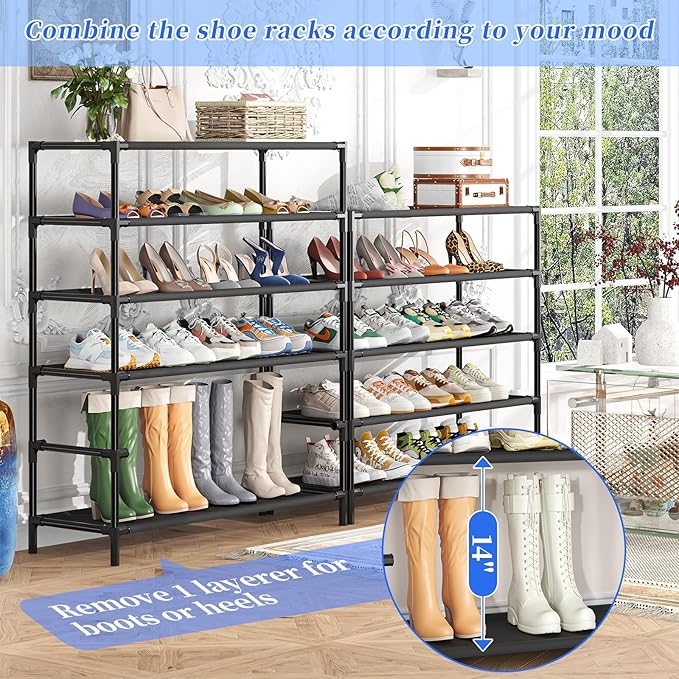Simple Trending Tall Shoe Rack Organizer Holds 40 Pairs, 10 Tier Large Capacity Shoe Cabinet Storage with Cover for Closet, Black