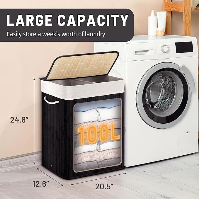 Aliphon 100L Laundry Hamper with lid, 2-Section Clothes Laundry Basket with Handles, Large Collapsible Bamboo Baskets for Bedroom, Bathroom, Dorm, Ink Black