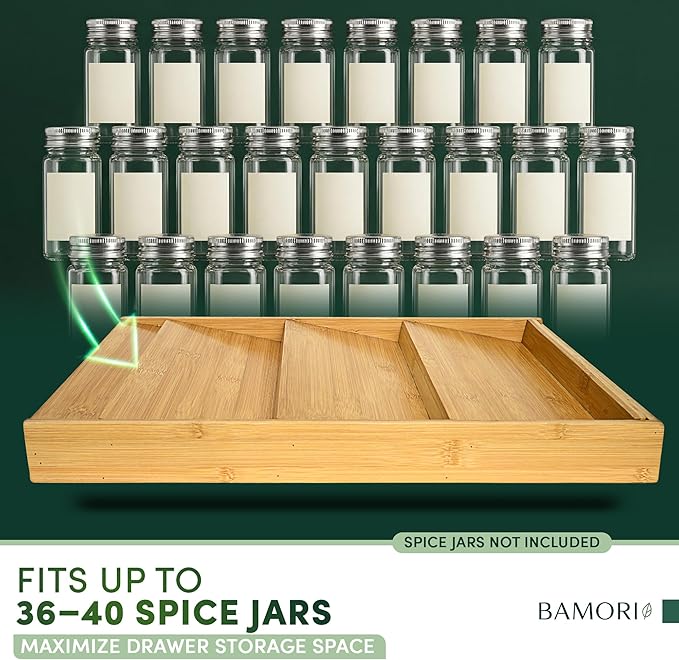 Expandable Bamboo Spice Drawer Organizer – Adjustable Tiered Spice Rack Insert for Kitchen Drawer – Premium Bamboo Seasoning Organizer for Drawer Storage (Need 3" Deep Drawer)