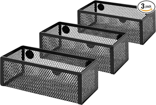 Amazon Basics Magnetic Storage Baskets, Mesh Organizers for Office Supplies and Workspace, 6" x 2.5" x 2.2", Black, 3-Pack