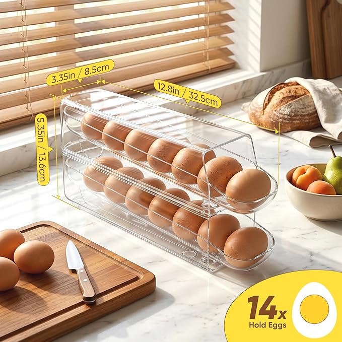 theaoo Auto Rolling Egg Dispenser for Refrigerator with Quick Removable Inner Tray, Space-Saving Egg Organizer and Holder, Egg Storage Container for Fridge, Easy to Load and Grab Eggs (2 Pack)
