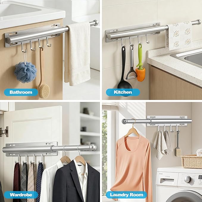 Valet Rod for Closet Retractable with 4 Hooks, 13.4"-23.2" Pull Out Clothes Hanger Rail, Heavy Duty Alloy Steel Side Mount Wardrobe Bar, Adjustable Organizer for Laundry, Bathroom, Entrance (Nickel)