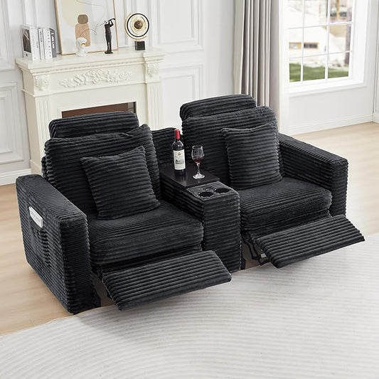 LEVNARY 2-Seater Modular Reclining Sofa with Center Console, Faux Rabbit Fur Power Recliner Loveseat with Cup Holders, USB Charging, Side Pockets & 2 Pillows, Living Room Furniture (Black)
