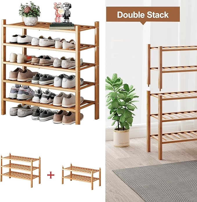 Bamboo Shoe Rack Organizer for Closet and Entryway - Space-Saving Narrow Shoe Stand - Versatile Shoe Holder for Door or Closet Shelf, Bedroom can Freely Stack DIY Small Shoe Racks 3 Tier Bamboo color