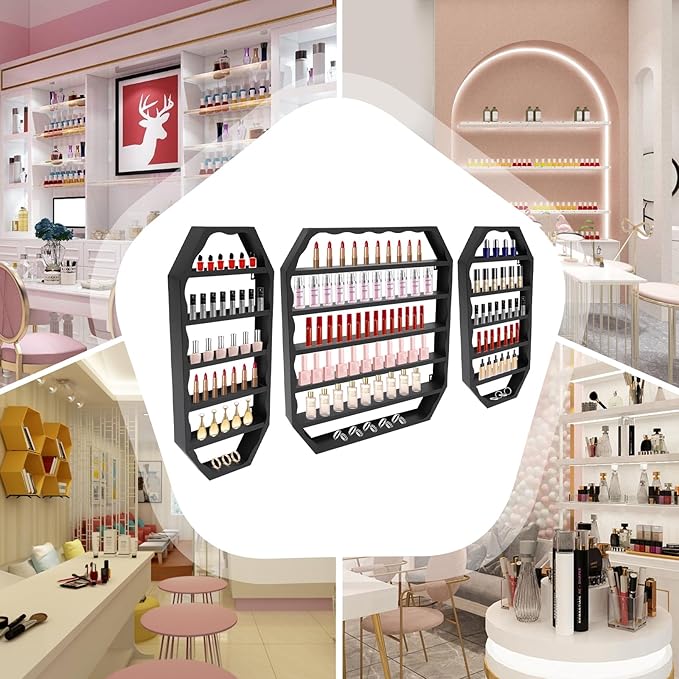 Wall-Mounted Nail Polish Storage Racks, 3PCS Multi-Tiers Metal Cosmetic Display Rack Lipstick Perfume Display Rack with 1 Middle Rack & 2 Side Racks for Spa Nail Salon Shop (Black)