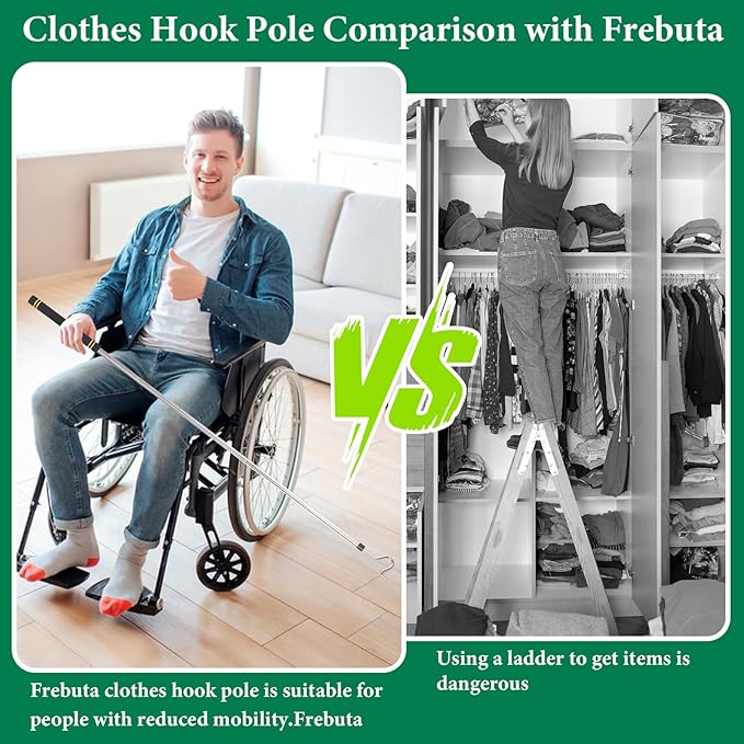 Clothes Hanger Reaching Hook,33 to 51Inch Clothing Hook Pole Long Christmas Light Hanging Extension Adjustable Clothes Rod Assist Tool Sponge Handle Shutters Pole Ceiling Home Reacher Poles