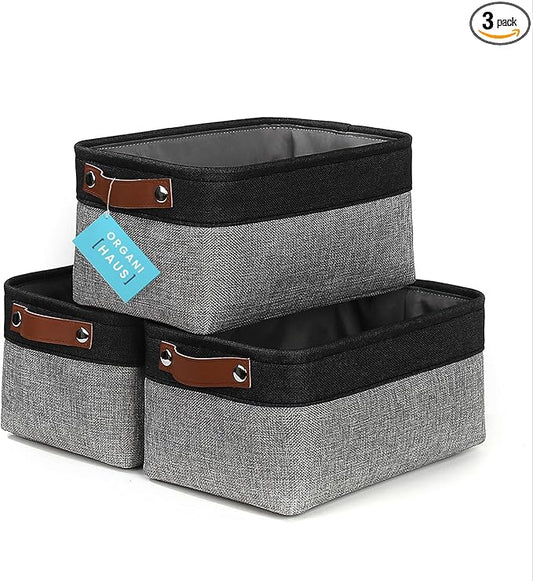 OrganiHaus Small Fabric Storage Baskets 3 Pack, 12x8in Cloth Storage Bins for Shelves, Small Baskets for Organizing Pantry Closet, Canvas Shelf Baskets, Gray/Black