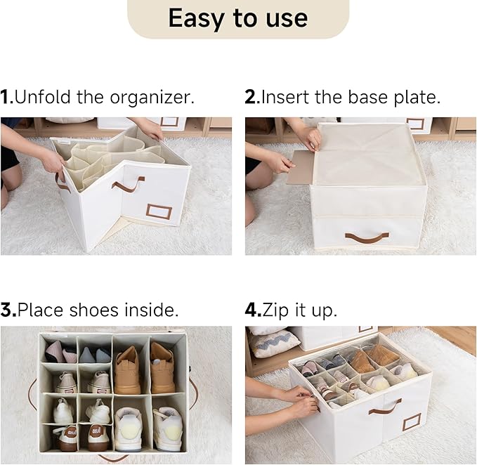 StorageWorks Shoe Organizer for Closet, 2 Pack Shoe Storage Boxes with Clear Lid, Stackable Shoe Storage Organizer for Sandals and Slippers, Fabric Shoe Organizer Bins, Holds 16–32 Pairs, Beige