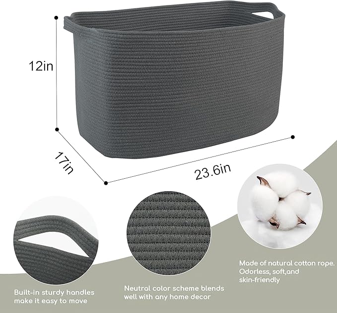MEGASKET Extra Large Rope Basket, 23.6" x 17" x 12" Rectangle Wicker Baby Laundry Basket, Kids Toy Storage Baskets, Woven Basket for Blankets Clothes Pillows, Laundry Room Organization, Dark Grey